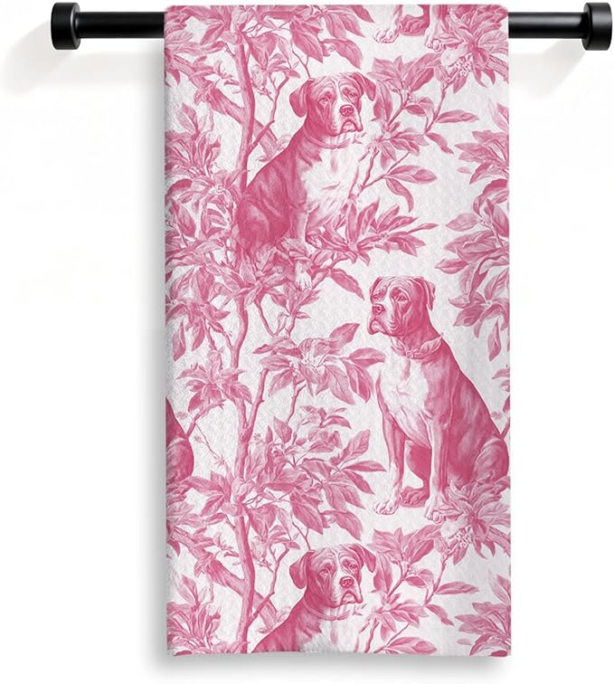 Pitbull Kitchen Dish Towels,Pink and White Floral Dog Towel Dish Tea Towels, Chinoiserie Decor for Kitchen Bathroom,Pitbull Gifts for Dog Lover Mom Dad,16x24 Inch