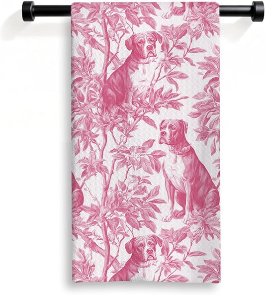 Pitbull Kitchen Dish Towels,Pink and White Floral Dog Towel Dish Tea Towels, Chinoiserie Decor for Kitchen Bathroom,Pitbull Gifts for Dog Lover Mom Dad,16x24 Inch