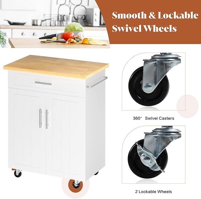 JY QAQA 26" Rolling Kitchen Island Cart on Wheels, Mobile Storage Cabinet with Drawer & Inner Shelves, Kitchen Prep Cart with Towel Rack, Portable Kitchen Island for Dining Room Apartment, White