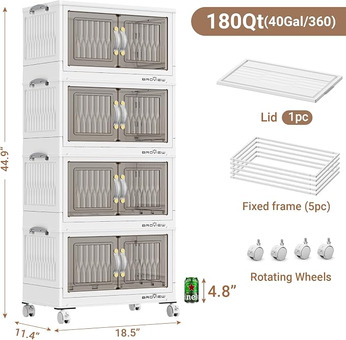 BROVIEW 180Qt Stackable Storage Bins with Lid for Home Dorm, 4Pack White | Closet Organizers, Foldable & Collapsible Cabinets, Large Containers, Wheels & Magnetic Doors, Plastic Drawers for School