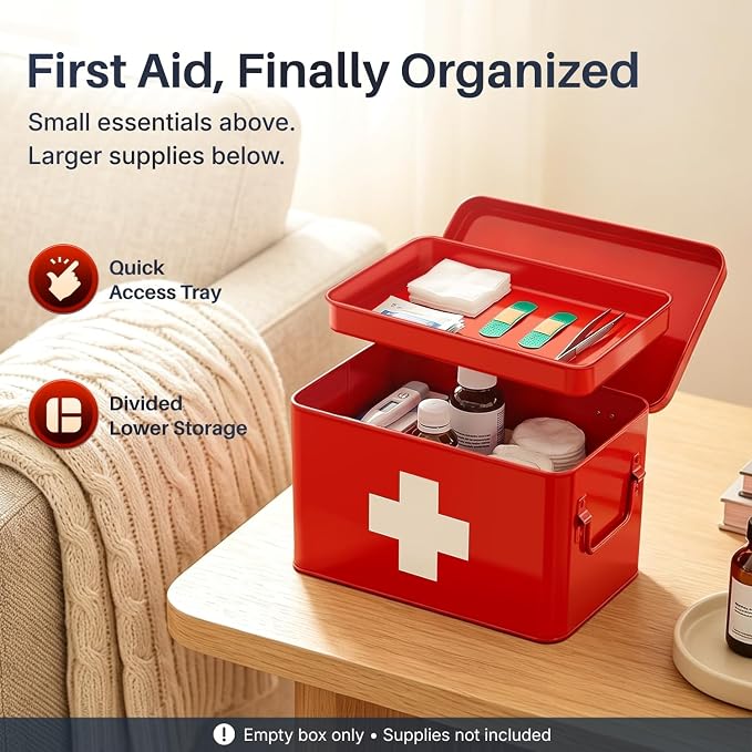 Flexzion Large Metal First Aid Box Empty, 8.5-Inch, Red with White Cross | Vintage Medicine Box and First Aid Storage Organizer with Removable Tray and Dividers; Empty Box Only, Supplies Not Included
