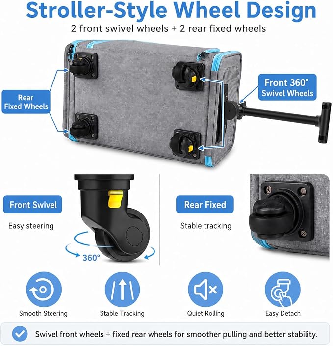 Airline Pet Carrier with Wheels, 18x11x11 for Cats & Toy Dogs | Soft-sided nylon under-seat bag, removable wheels, expandable mesh, cats & toy-breed dogs, measure pet before buying