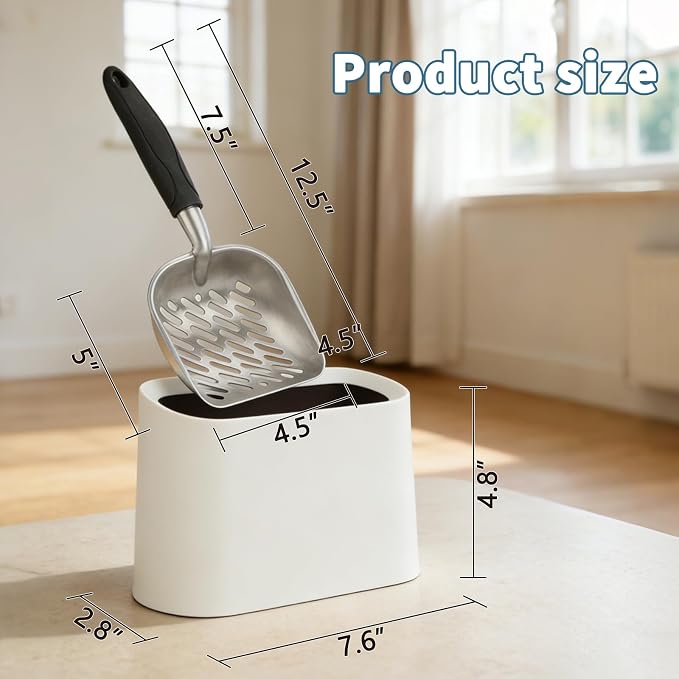 Metal Cat Litter Scoop with Holder, Detachable Caddy Set, White | Aluminum Sifting Shovel, Detachable Caddy with Lid, 12 x 4 x 1.5 in Scoop, 8 x 2.9 x 5.9 in Caddy, Curved Grip, Easy Rinse