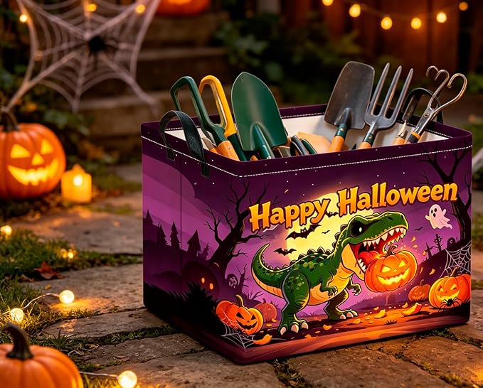 CLOCOR Rectangular Storage Basket Empty,Gift Basket,Waterproof Storage Bin with Handles,Room Decor(Dinosaur Pumpkin Halloween)