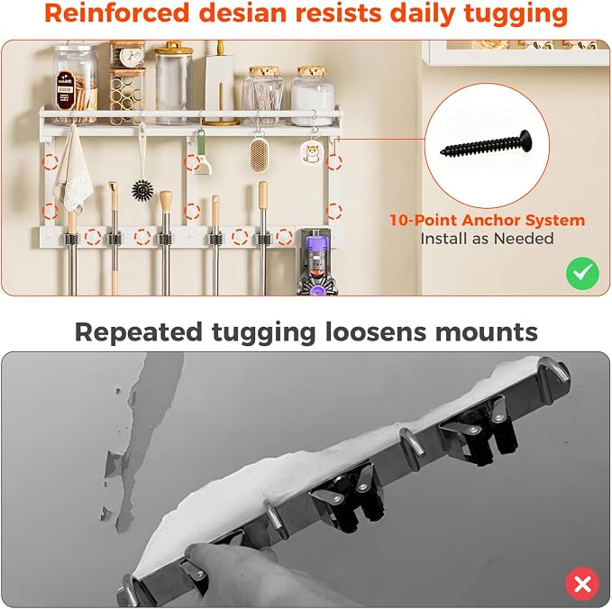 Broom Holder Wall Mount with Shelf,Broom Hanger,3 in 1 Broom and Mop Organizer Wall Hanging for Laundry,Garage,Utility,Broom Rack,Vacuum Stand Alternative,Cleaning Supplies Organizer Storage,White,L