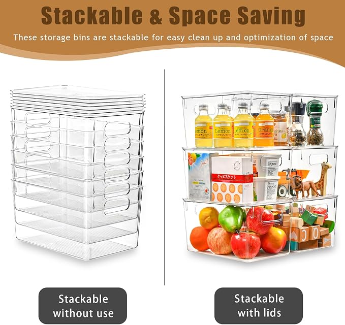 Freebat 12 Pack Clear Storage Bins with Lids, 7 Quart Pantry Organizer Bins | Large, Stackable Plastic Storage Containers, Pantry Organization for Office, Bedroom, Cabinet, Fridge,Kitchen Organization