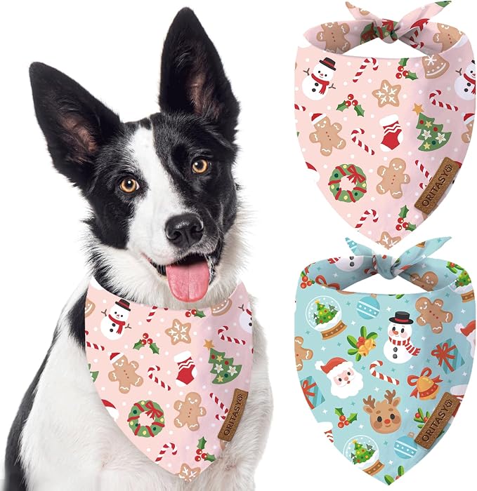 Pink Christmas Dog Bandanas, 2-Pack Triangle Reversible Snowman Gingerbread Man Pet Scarves, Premium Fabric, Santa Claus Bandana for All Boys Girls Dogs (Small, Style 1)
