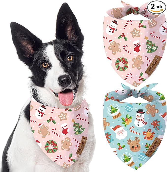 Pink Christmas Dog Bandanas, 2-Pack Triangle Reversible Snowman Gingerbread Man Pet Scarves, Premium Fabric, Santa Claus Bandana for All Boys Girls Dogs (Large, Style 1)