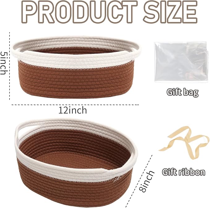 JMvicyroam Small Woven Basket, Empty Gift Basket, White&Brown/1 Pack | Small Gift Basket, Cotton Rope, 12 x 8 x 57 in, Handles, Includes Ribbon and Bag, Birthday Gift Basket