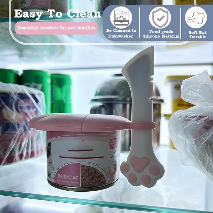 3 Pcs Cat Food Can Lids & One Opener | Cute Paw Shape Can Covers and Opener Spatula Cat Spoons for Wet Food | Universal BPA Free Silicone Spoon & Covers for Dog Cat Cans(Pink)