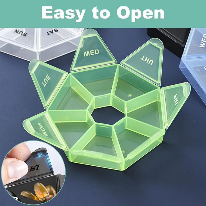 4pcs Travel Pill Organizer, Small Portable Pill Box, 7 Compartment | Weekly Medicine Dispenser, Vitamin Supplement Holder Reminder, Arthritis-Friendly(Yellow,Light Green,Transparent,Rose Pink)
