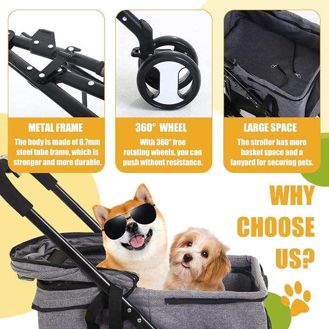 Dog Stroller Cat Stroller Pet stoller 3-in-1 Folding Dog Stroller for Small Medium Dogs Cats with Detachable Carrier Storage Basket Waterproof Lightweight for Travel,Grey