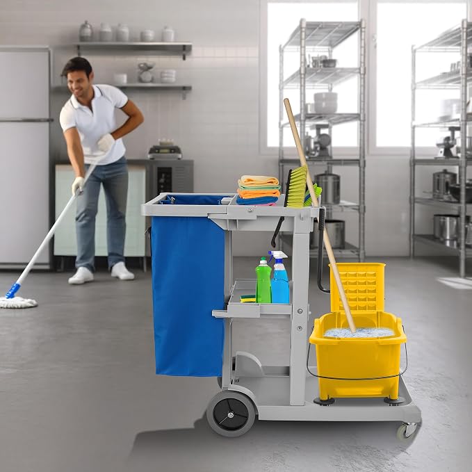 Commercial Janitorial Cleaning Cart on Wheels - Housekeeping Caddy with Shelves and Vinyl Bag