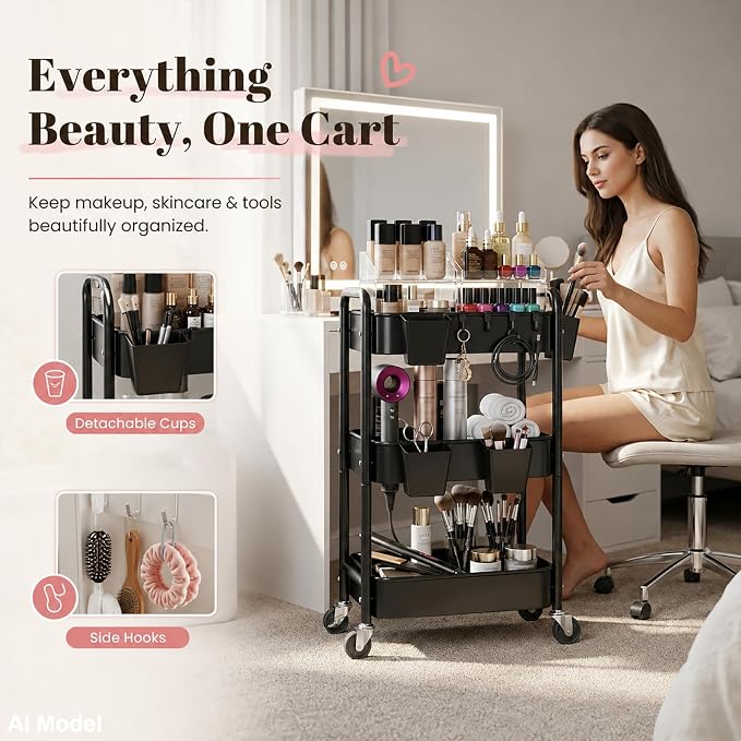 3 Tier Rolling Cart Metal with Wheels, Black Three Tiered Art Cart Organizer on Wheels, Storage Utility Trolley Carts for Kithcen, Craft, Nail, Lash, Makeup, Salon,Bedside, Bathroom, Office, Snack