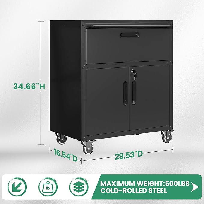 Garage Cabinets,Metal Garage Storage Cabinet with Wheels,Black Lockable Rolling Tool Cabinet with Drawer and Adjustable Shelves,Heavy Duty Tool Chest for Home Office Utility Room