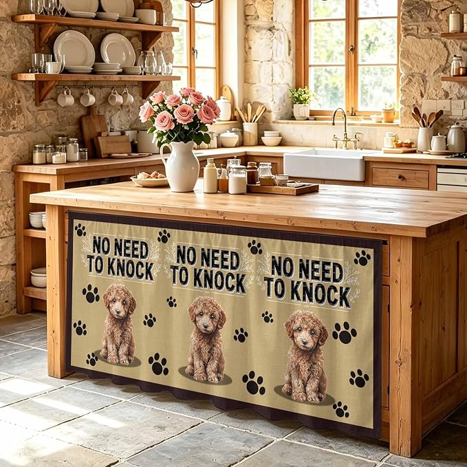 NO Need to Knock Cabinet Curtains 28"x51" Sink Skirt for Bathroom Kitchen, Poodle Dog Paw Prints Pet Lover Farmhouse Self Stick Adhesive Under Desk Covers Tall Laundry Cabinet Storage Organizer