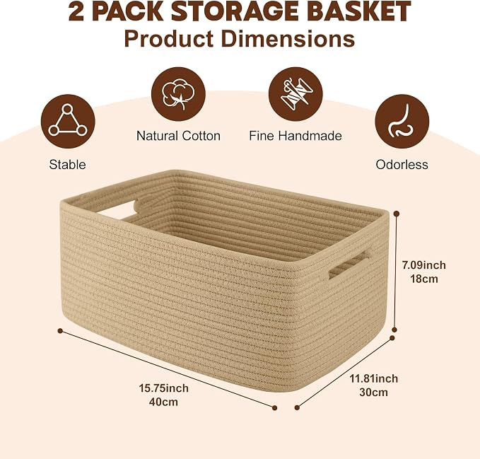 OIAHOMY Storage Basket for Shelves, Closet Cube Storage Bins Baskets for Clothes Blanket Towels, Baby Nursery, Toy Baskets Box, Woven Rope Basket, 15.75 * 11.81 * 7.09 ININ, 2 Packs Jute Yellow