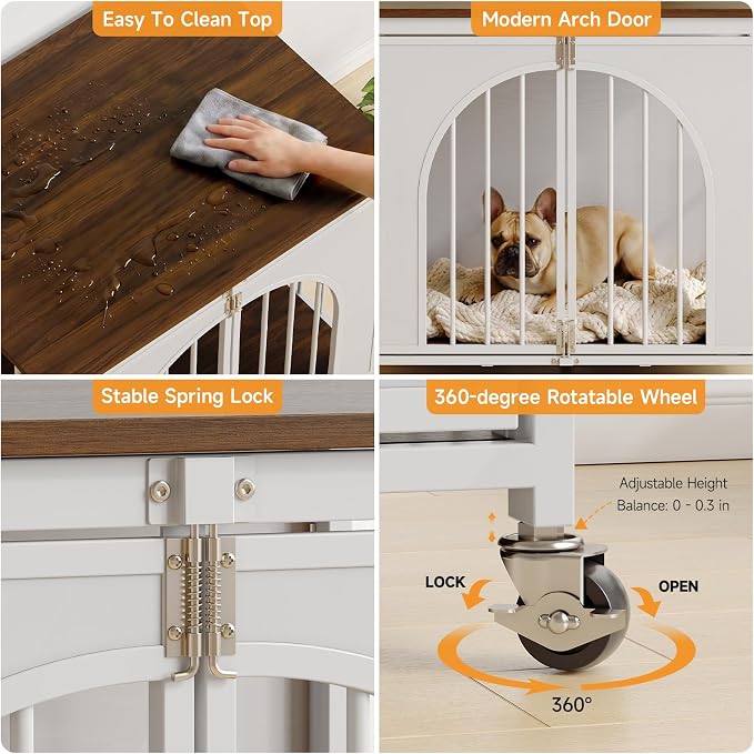ONBRILL 31" Heavy Duty Foldable Dog Crate Furniture, Small Dogs, White | Fold it away when needed, while removable wheels and spring locks make everyday use more convenient