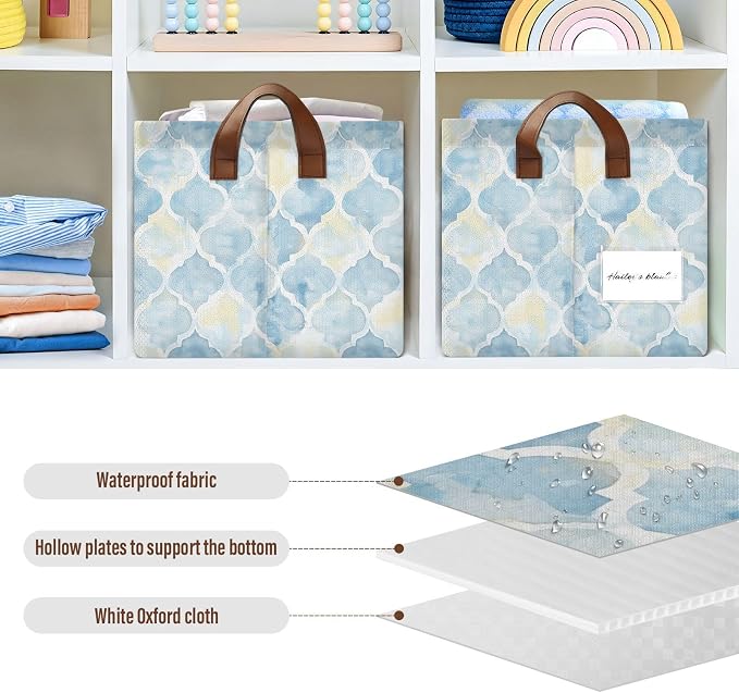 Light Blue Yellow Moroccan Tile Storage Bins for Shelves with Labels&Handles Fabric Organizer Bin Foldable Rectangle Storage Basket Boxes for Closet, Bathroom, Home, Living Room