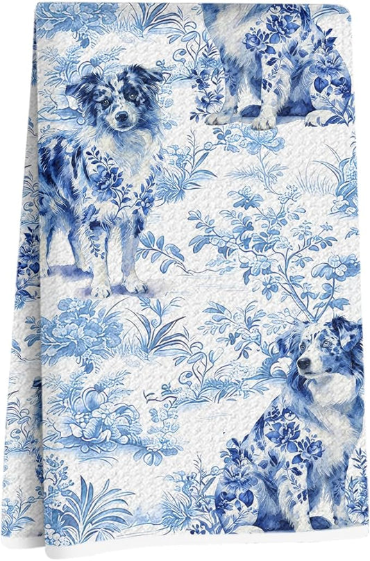 Chinoiserie Australian Shepherd Kitchen Towels 24x14 Inch, Australian Shepherd Gifts Reusable Dish Towels for Kitchen Decor, Blue and White Floral Hand Towel, Botanical Dog Gifts for Women Mom