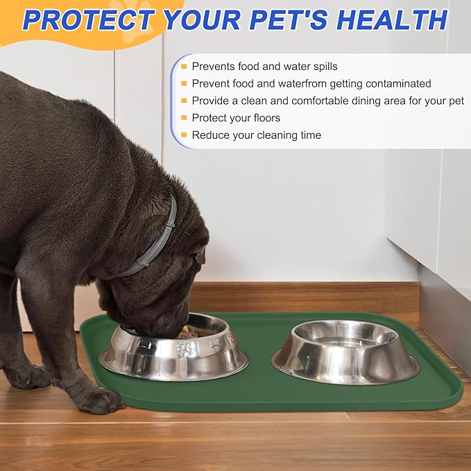 SMILOOL Silicone Pet Feeding Mat with Raised Edge for Food and Water, Dog Bowl Mats, Cat Bowls Placemat with High Lip for Floor Waterproof, Rubber Tray for Cats and Dogs 22 x 14 x0.8 Dark Olive