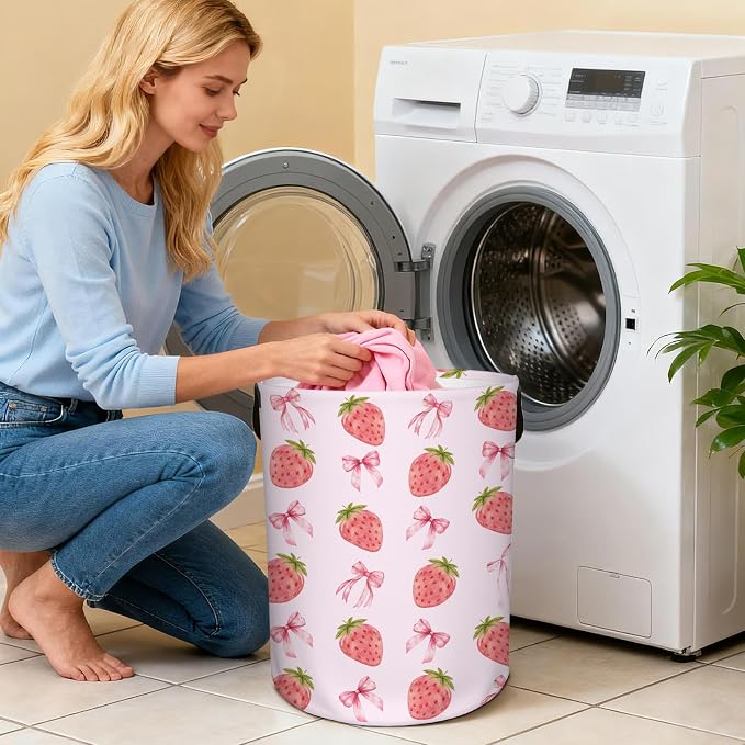 Strawberry Laundry Hamper, Waterproof Laundry Basket for Bedroom, 43L Collapsible Round Storage Bin with Handles for Toys, Storage Basket for Boys Girls, Strawberry Bathroom Decor 13.8x17.7 in