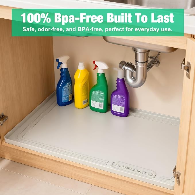 Under Sink Mat 22 X 19, Waterproof Silicone Cabinet Kitchen Liner, Beige | BPA-Free Raised-Edge Cabinet Protector & Leak Tray for Bathroom Cabinets, Boots, Pet Feeding Dog & Cat Mats, Dishwasher Safe