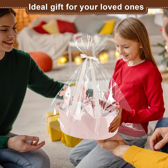 OIAHOMY Gift Basket with Handle, 13.4"x 10"x 5.5" Woven Basket with Gift Bag, Ribbon and Wrap Tissue Paper, Nursery Bins Empty to Fill with Towels, Baby, Pet Toy Organizer - Pink