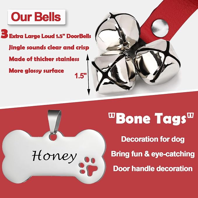 Leather Dog Bells, Puppy Potty Training Bell Dog Doorbell Potty Train Dog Bell for Potty Training Door Bells for Dogs to Ring to Go Outside Jingle Bells (Leather Red, Bone 1 PCS)