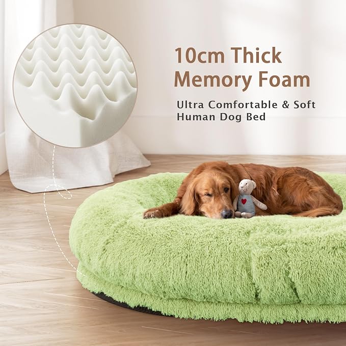 ROOMTEC Human Dog Bed, 78''x51''x12'' Size Fits Adult and Pet Washable Giant People Bed 10 CM Thick Memory Foam Large Oversize Pet Bed with Plump Pillow, Blanket, Strap - Green