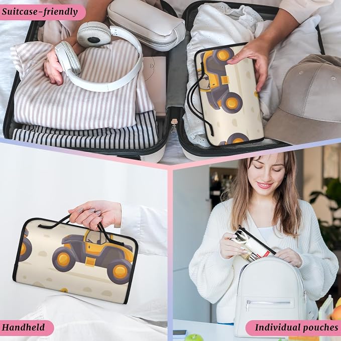 Construction Trucks Makeup Bag for Women Hanging Roll-Up Travel Organizer Toiletry Kit with 4 Removable Compartments, Yellow