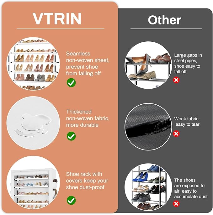 VTRIN Tall Shoe Rack with Cover, 10 Tier Shoe Organizer Storage for 50-55 Pairs Shoes and Boots Large Capacity Shoe Shelf with 8 Pockets Free Standing Shoe Rack for Closet, Entryway, Garage, White