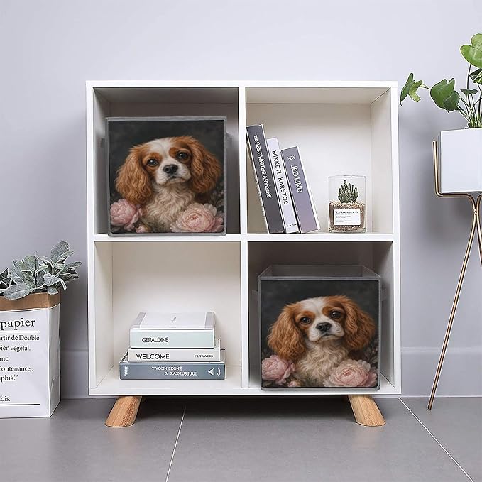 Cocker Spaniel With Peonies Storage Bin with Handles, Oxford Fabric Foldable Storage Cube Organizer for Clothes, Towels, Bedroom, Living Room, Home Organization