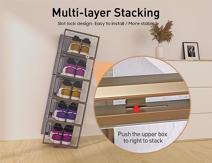 Kuject X-Large Shoe Storage Boxes 12 Pack, Clear Stackable Shoe Organizer | Shoe Case for Closet, Entryway & Under-Bed Storage, Drop-Front Design, Space-Saving Solution for Family Organization,Brown