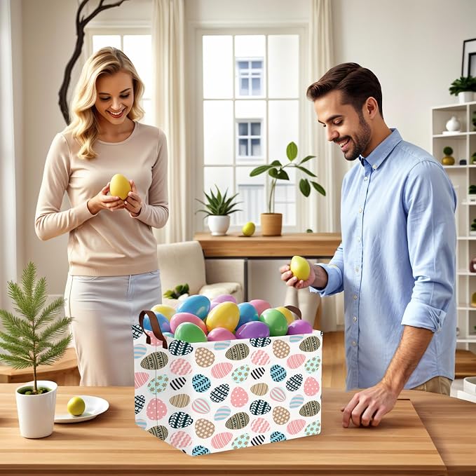 Large Cute Easter Basket for Kid Empty Gift Baby Rectangle Storage Bin Bunny Eggs Boy＆Girl Room Décor (Retro Art Easter Egg)