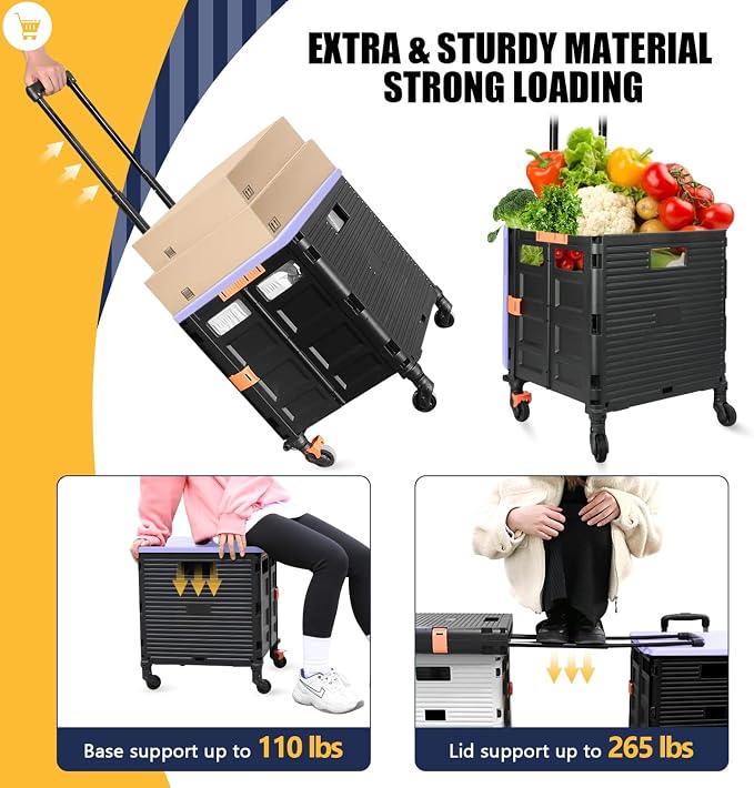 Foldable Utility Cart Portable Rolling Crate Handcart Shopping Trolley Collapsible Tool Box with Rotate Wheels Durable Duty Plastic Telescoping Handle Lid for Travel Move Office School(Purple)