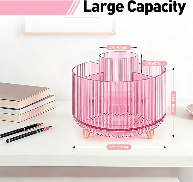 360 Rotating Pen Pencil Holder for Desk, Pen Organizer with 5 Slots | Makeup Brush Holder, Desk Organizer and Accessories, Cute Pencil Cup Caddy for Office School Home Decor Art Supply (Pink)