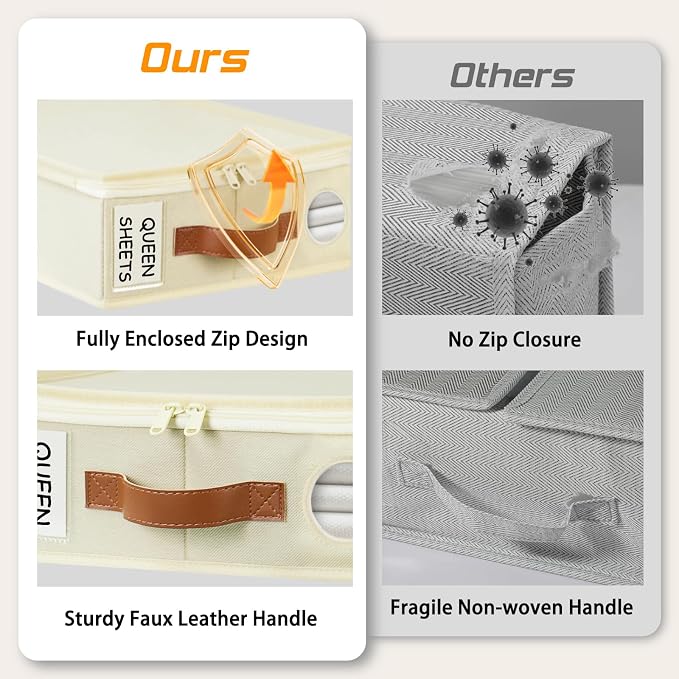 GhvyenntteS 6 Pack Sheet Organizers and Storage, Foldable Bed Sheet Organizers and Storage with Zipper, Handle, Window and Label (Queen & King Size) | Foldable 800D Thickened Fabric, Clear Window & Labels, Leather Handle, Dust & Moisture Proof, Fits Ki...