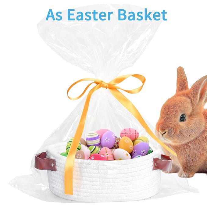 ABenkle Small Woven Basket, Mini Cotton Rope Storage Tiny Shelf Oval Decorative Toy Dog Cat Bin for Nursery, Empty Gift Basket with Gift Bags and Ribbon - White