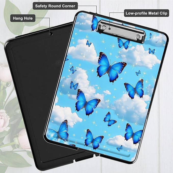 Heavy Duty Storage Clipboard, Slim Nursing Clipboard with Internal Pen Case, Portable File Organizer Case for A4 Letter Size Paper Office Medical Professionals, Blue Butterfly White Cloud