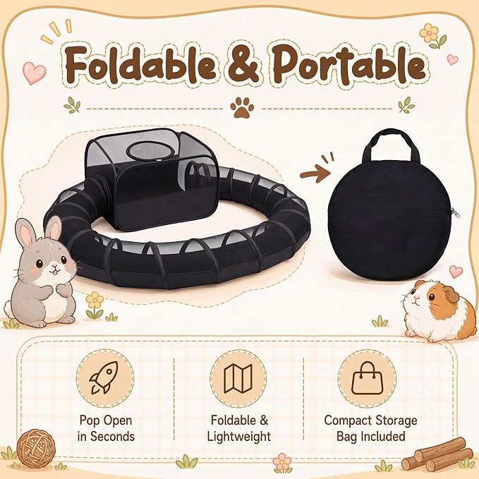Lewtemi Guinea Pig Playpen with Tunnel 27.5x27.5x16.5 Inch, Breathable Mesh Rabbit Playpen for Bunny Hamster Ferret Chinchilla, Foldable Small Animal Enclosure Indoor Outdoor with Carry Bag, Black