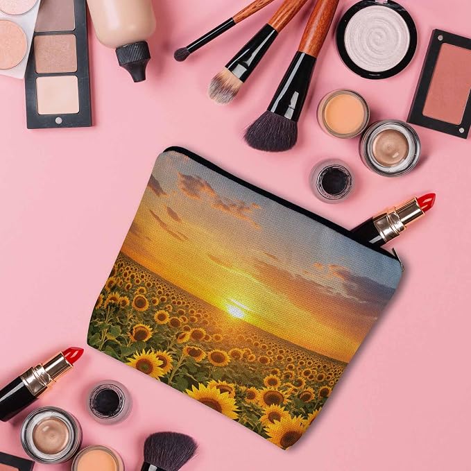 Sunflower Makeup Bags Makeup Organizer, Sunset Bloom Sunflowers Yellow Flax Toiletry Bags Travel Cosmetic Bag Makeup Purse Pouch Skincare Bag Wallet Bags For Women Female Mom Daughter