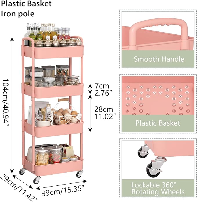 Sywhitta 4-Tier Plastic Rolling Utility Cart with Wheels for Storage, Pink | Multi-Functional Storage Trolley, for Office, Living Room, Kitchen, Bathroom,Movable Organizer,Space-Saving,Easy to assemble