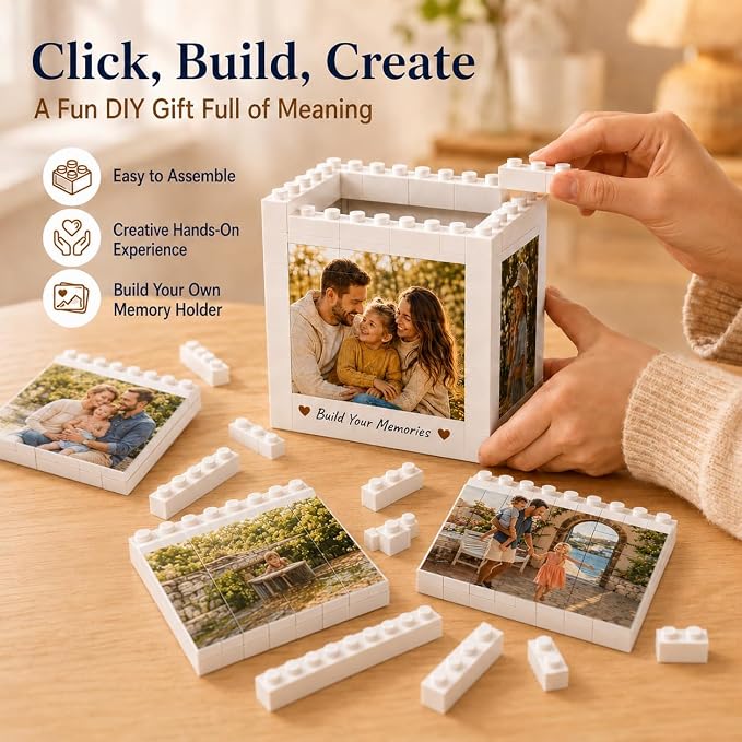 Custom Photo Building Blocks Pen Holder for Desk | 2-in-1 Personalized Photo Block Puzzle Pencil Pot, 4-Side Image Text, Detachable Building Brick Picture Frame