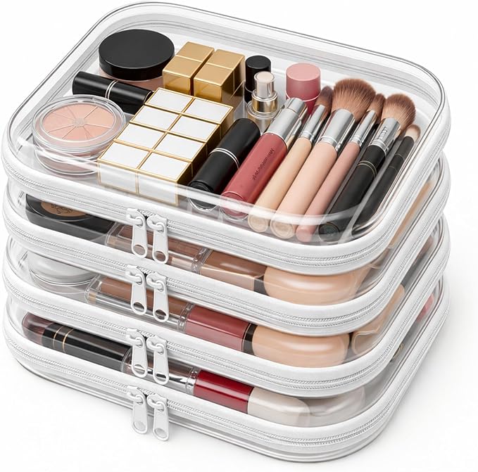 4 Pack Clear Hard Shell Zipper Case, Clear Zipper Pouches for Organizing, Diaper Bag Organizer Pouches, Transparent Hard Plastic Storage Case for Travel, Toiletry Essentials (4M)