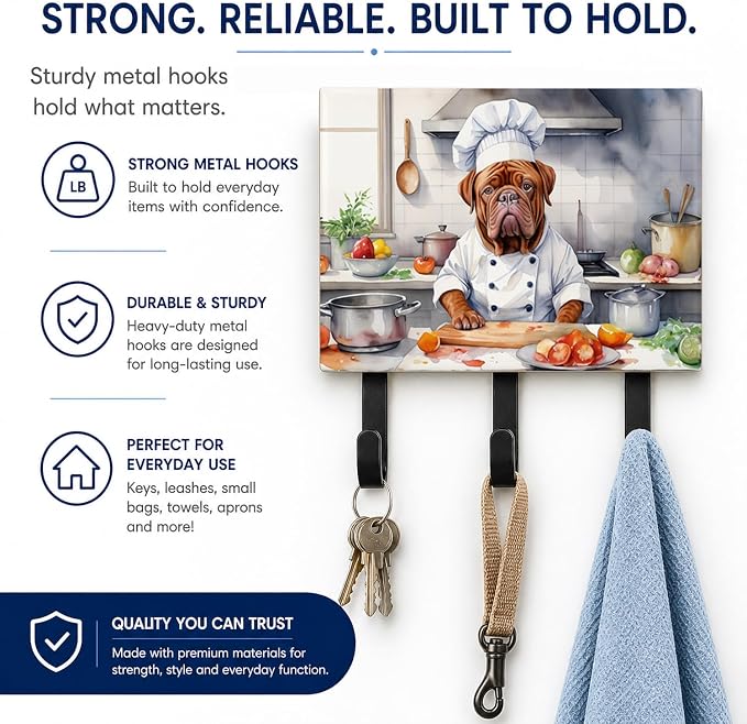 Caroline's Treasures Dogue de Bordeaux The Chef Leash or Key Holder Wall Hooks, Key Hooks Holder, Coat Rack Wall Mount, Coat Hooks, Hooks for Hanging Keys, Towels, Aprons, Leashes | Dogue de Bordeaux The Chef artwork on ceramic tile with three steel ho...