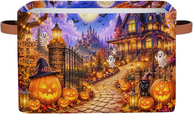 Halloween Basket Storage Bins Rectangle Canvas Basket Cube Storage Box | Nursery Foldable Basket with Handle for Kids Girls Boys Toys Living Room Closet Organizer Shelf Gifts Spooky Night Pumpkin