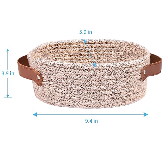 ABenkle Small Woven Basket, Mini Cotton Rope Storage Basket, Tiny Easter Basket, Shelf Basket, Oval Decorative Toy Dog Cat Basket for Nursery, Empty Gift Basket, 9.4" x 5.9" x 3.9" XS