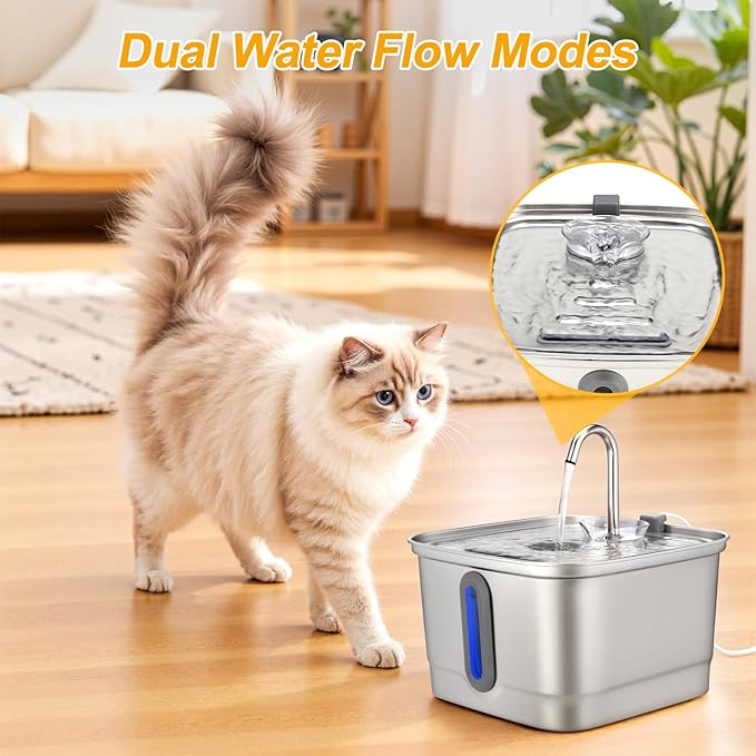 SEIRMEP Stainless Steel Cat Water Fountain, 101oz/3L Automatic Pet Water Fountain, Dog Water Fountain with Replacement Filters for Cats, Small Dogs (8 Filters and 8 Sponges)