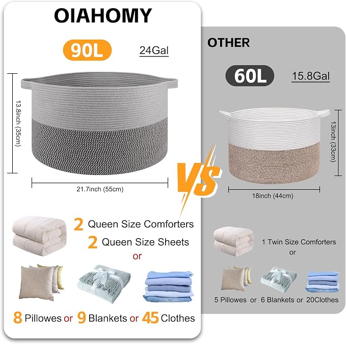 OIAHOMY 90L XXXLarge Blanket Basket for Living Room, 21.7" x 13.8" Woven Cotton Rope Laundry Basket for Organizing Pillows, Decorative Stuffed Animal Toy Storage for Nursery, Lighe Grey and Dark Grey